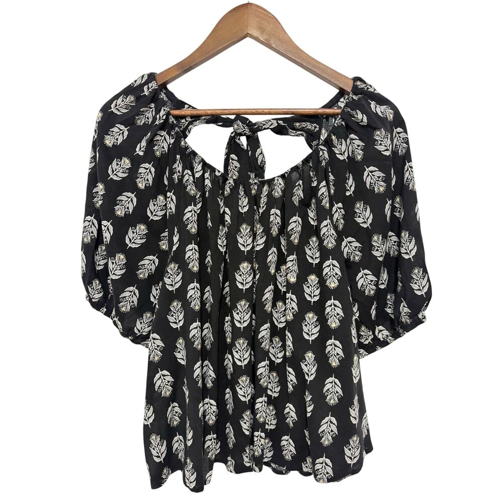 Old Navy Womens XL Black Leaf Print Peasant Blouse Tie Back Puff Sleeve Boho